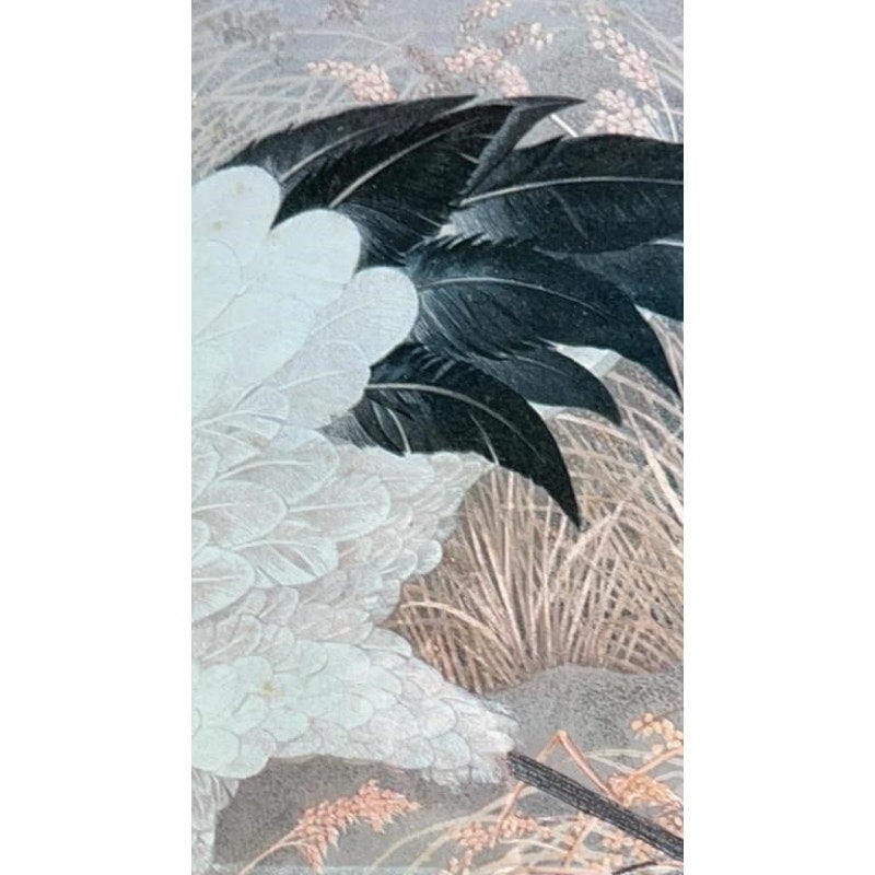 Vintage Japanese Crane Artwork Framed & Matted 33x39" Rice Field Scene