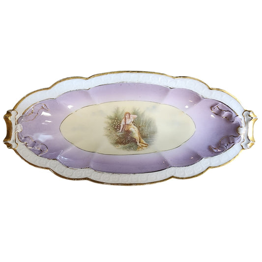 VTG R.C. Carmen Bavaria Oval Nut Tray  Lady Scene  Gold Rim Scalloped 9"