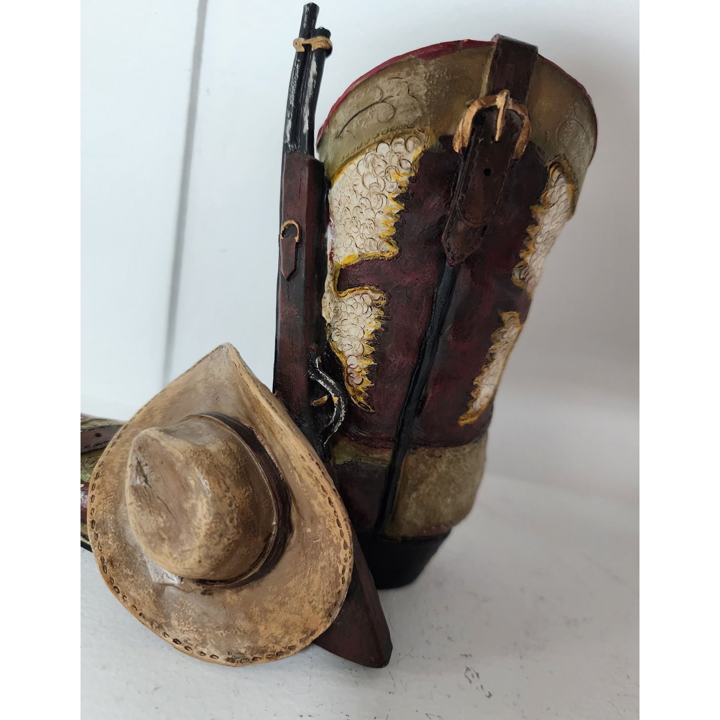 Vintage Handpainted Western Boot Figurine w/ Hat & Rifle Resin Hand Painted 5.5"
