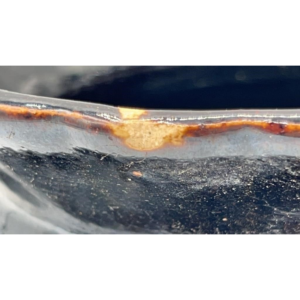 VTG Glazed Stoneware Spittoon Floral Pattern 7" Dark Glaze w/ Repair