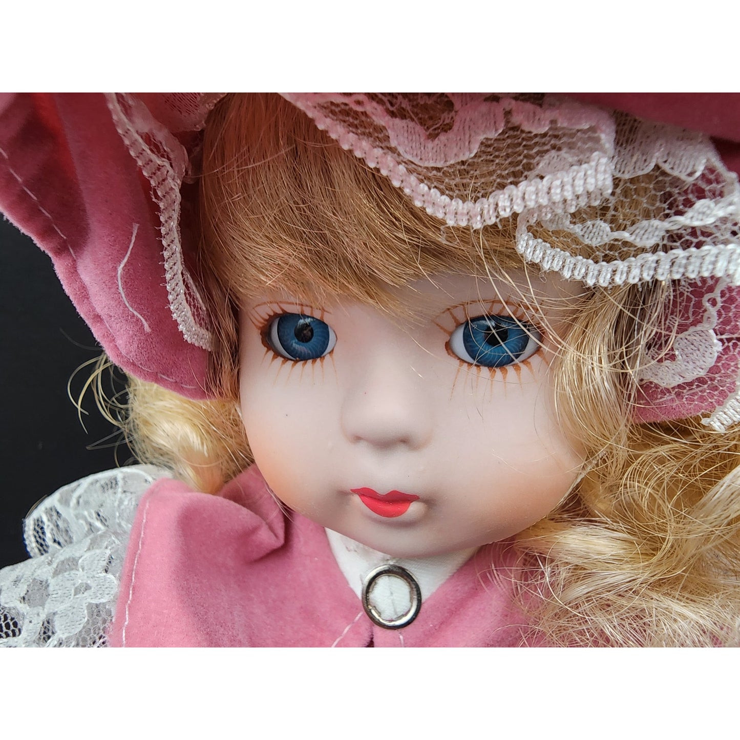 Vintage 16" Porcelain Doll “Tracy” TH‑64 Pink Velvet Dress w/ Bonnet & Box