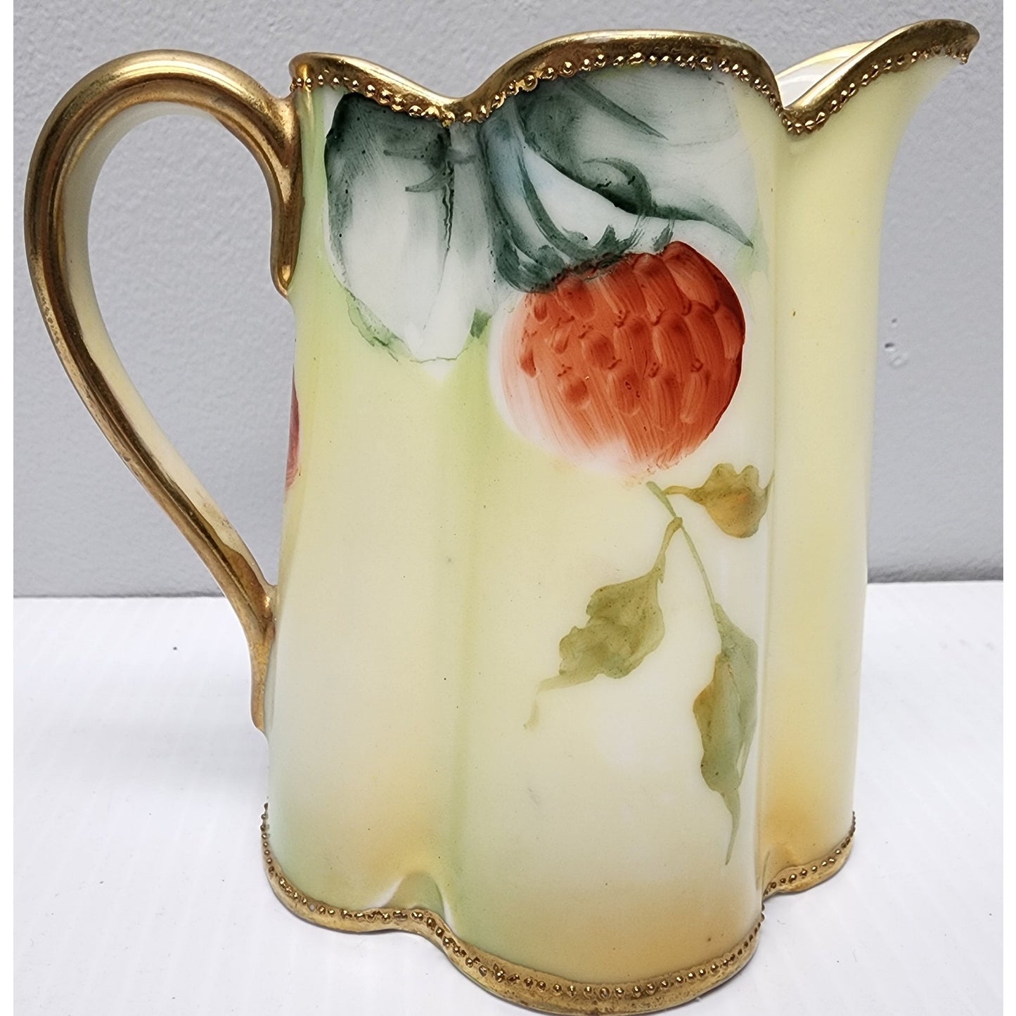 Antique Nippon Hand Painted Pitcher Gold Trim Leaf Mark Japan 4" Floral Berry