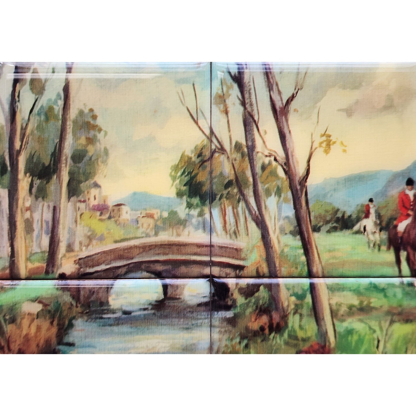 Vintage J. Pifarré “Hunt in the Park” 12‑Tile Mosaic in Wood Frame 14.25x11.75