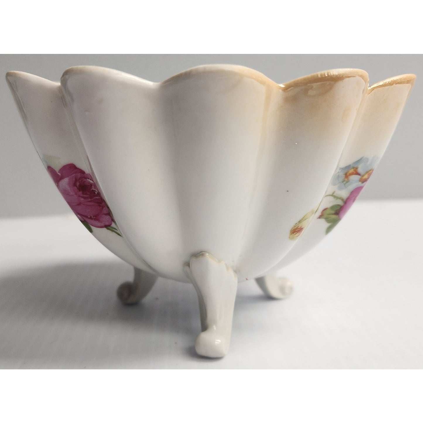 Antique German Hand Painted Porcelain Bowl Set 3pc Floral Scalloped Pedestal