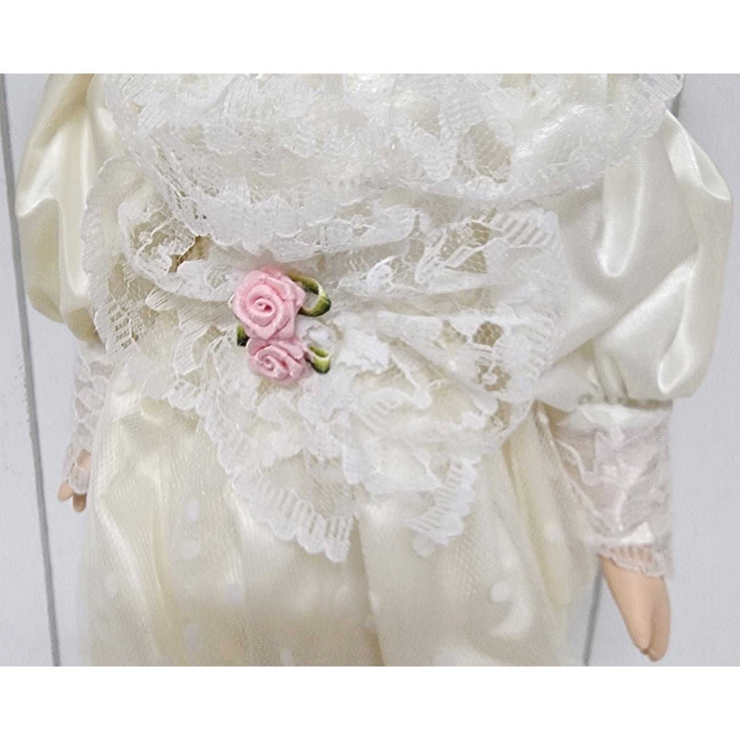 Vintage 16" Lazarus Porcelain Doll “Sarah” w/ Stand & Box – Bridal Gown