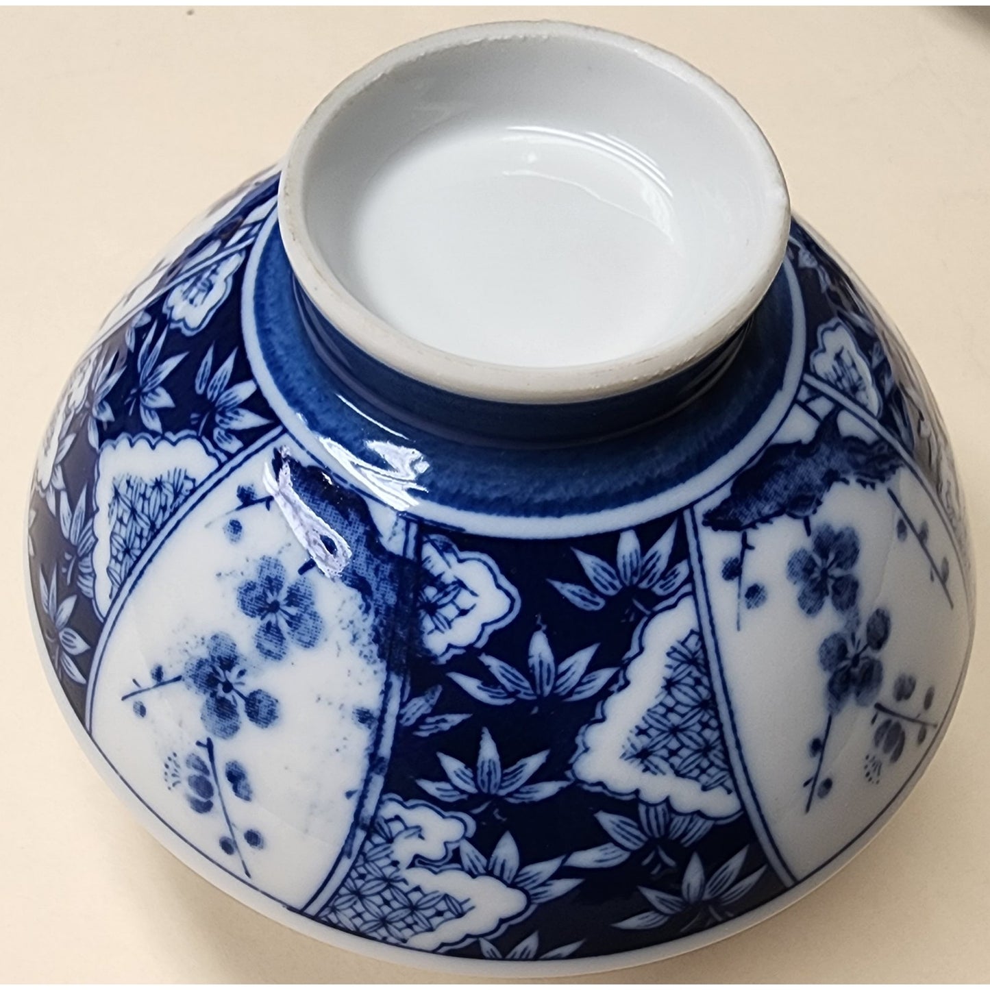 Set of 4 Vintage Japanese Porcelain Rice Bowls 4.75" Blue & White Patterns