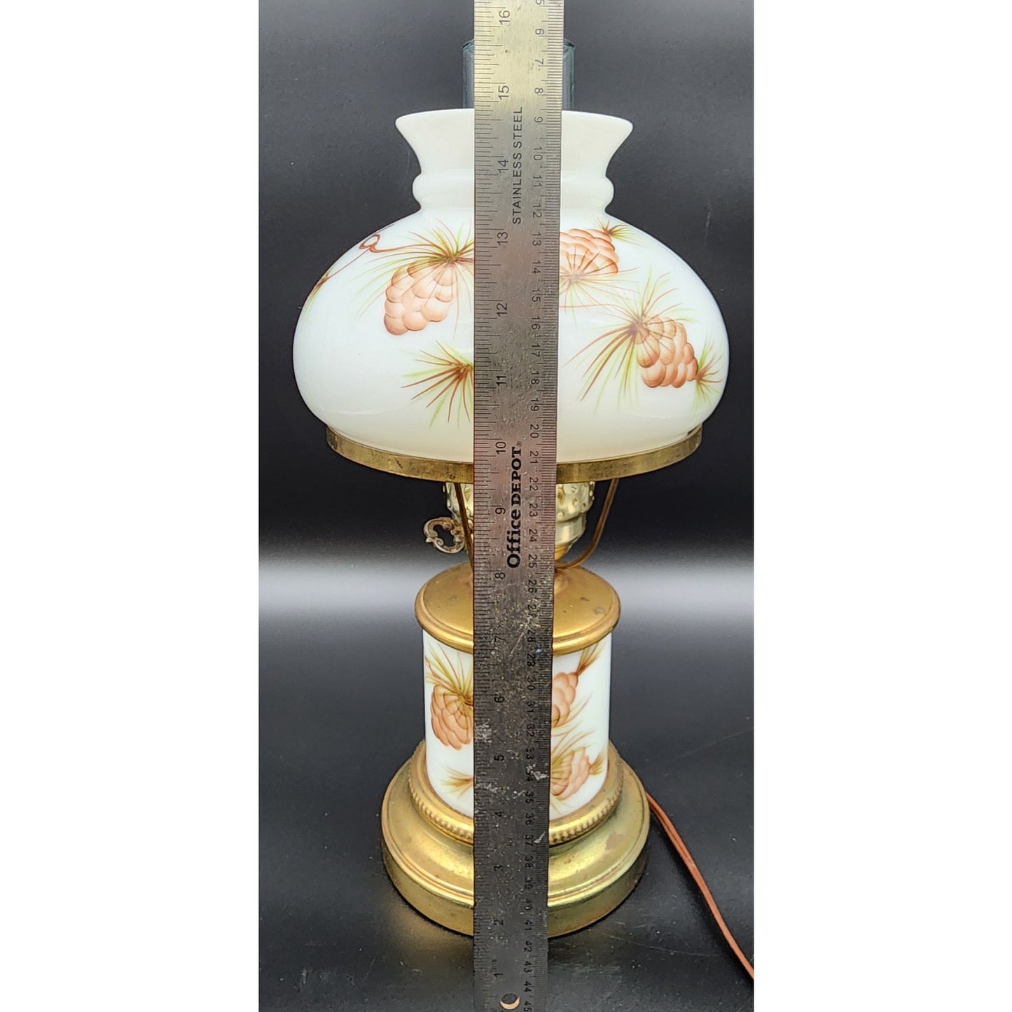 Vintage Brass Table Lamp w/ Hand‑Painted Pinecone Milk Glass Shade, 16.5"  Tall