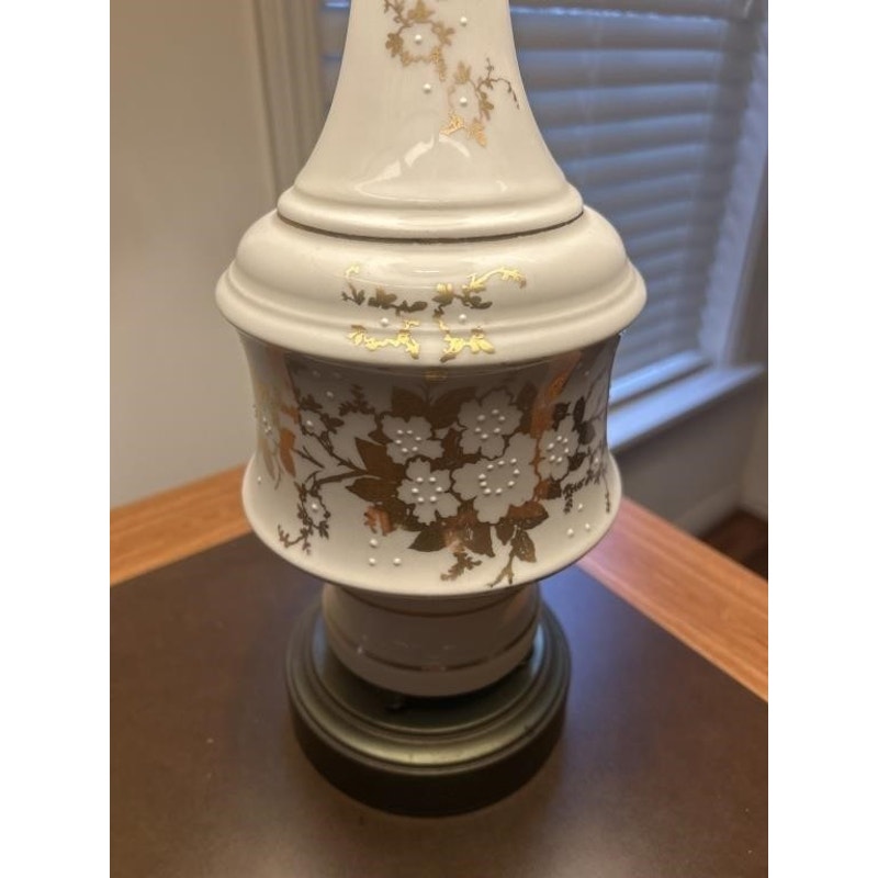 Vintage Asian Ceramic Lamp Gold Floral Relief w/ Tassel Shade 31" Tall Works