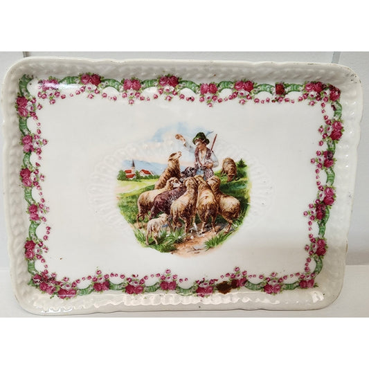 VTG Hand Painted Porcelain Tray Shepherd Boy w/ Sheep Roses Border Scalloped 9"
