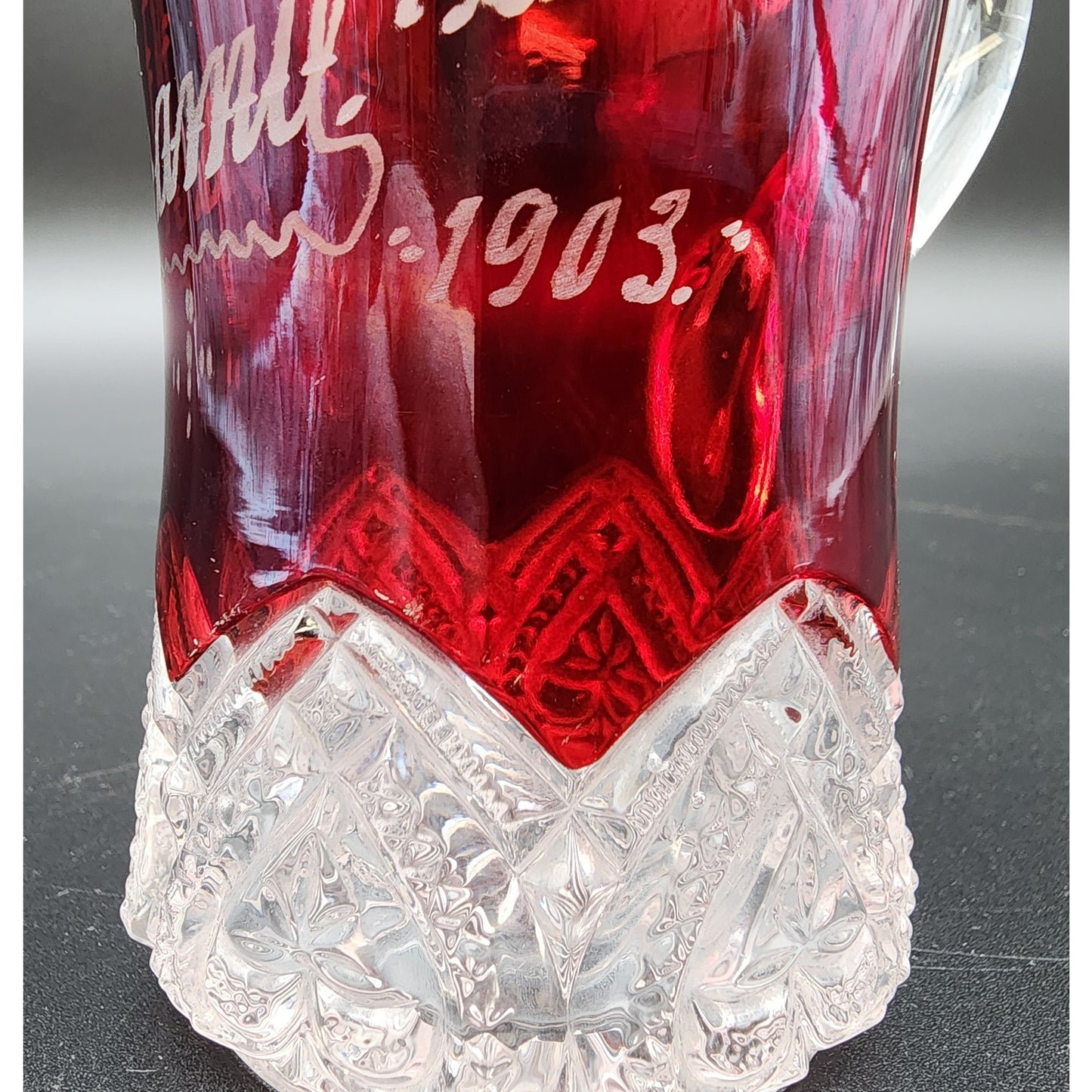 1903 Ruby Stained Cut Glass Pitcher Souvenir Etched Name 4.25” Antique