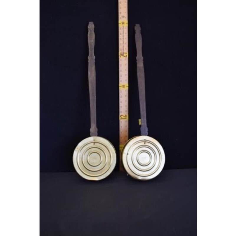 Vtg Pair British Brass Bed Warmers w/ Wooden Handles Pub Bar Scene - England