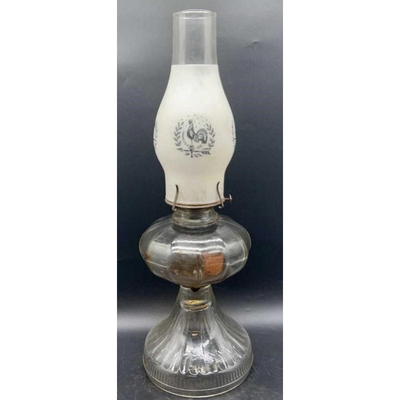 Antique Glass Oil Lamp w/ Frosted Etched Chimney 18″ Victorian Decor