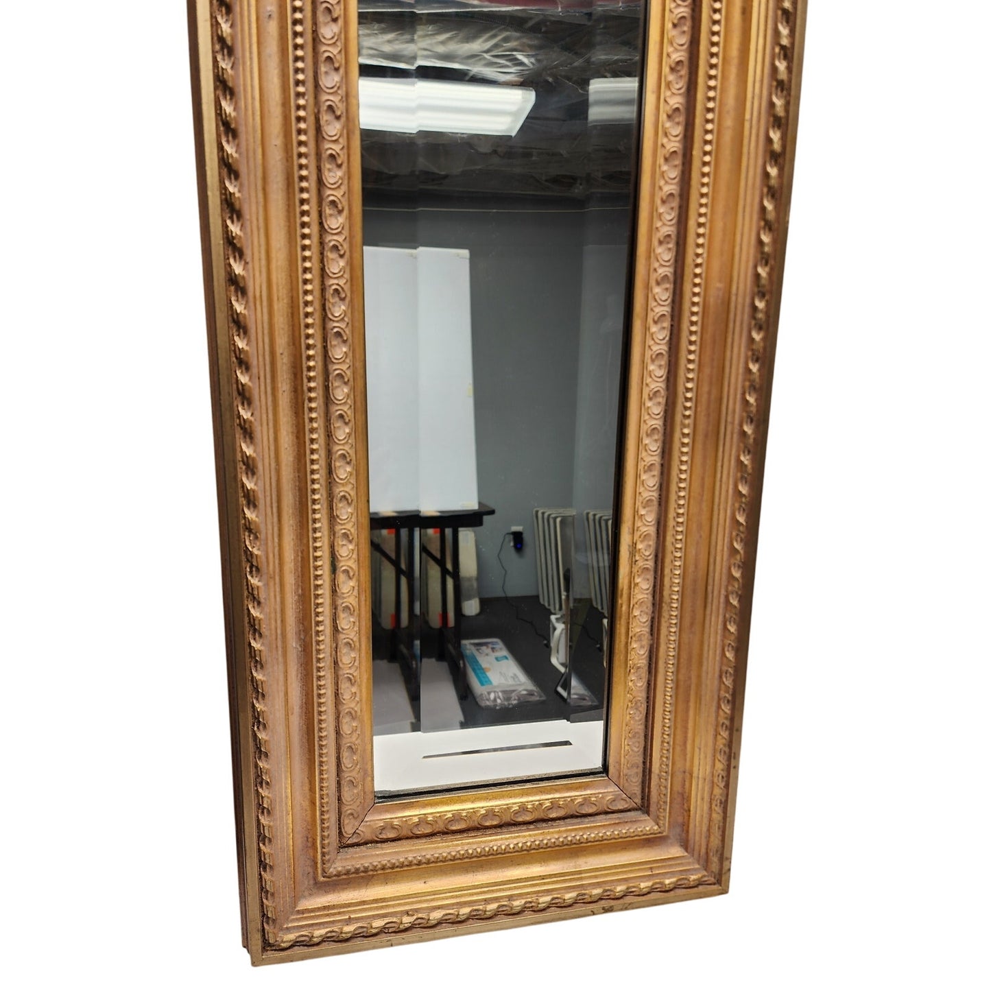 Vintage Beveled Glass Mirror – Ornate Gold Wood Frame, 44” Tall Elegant Design