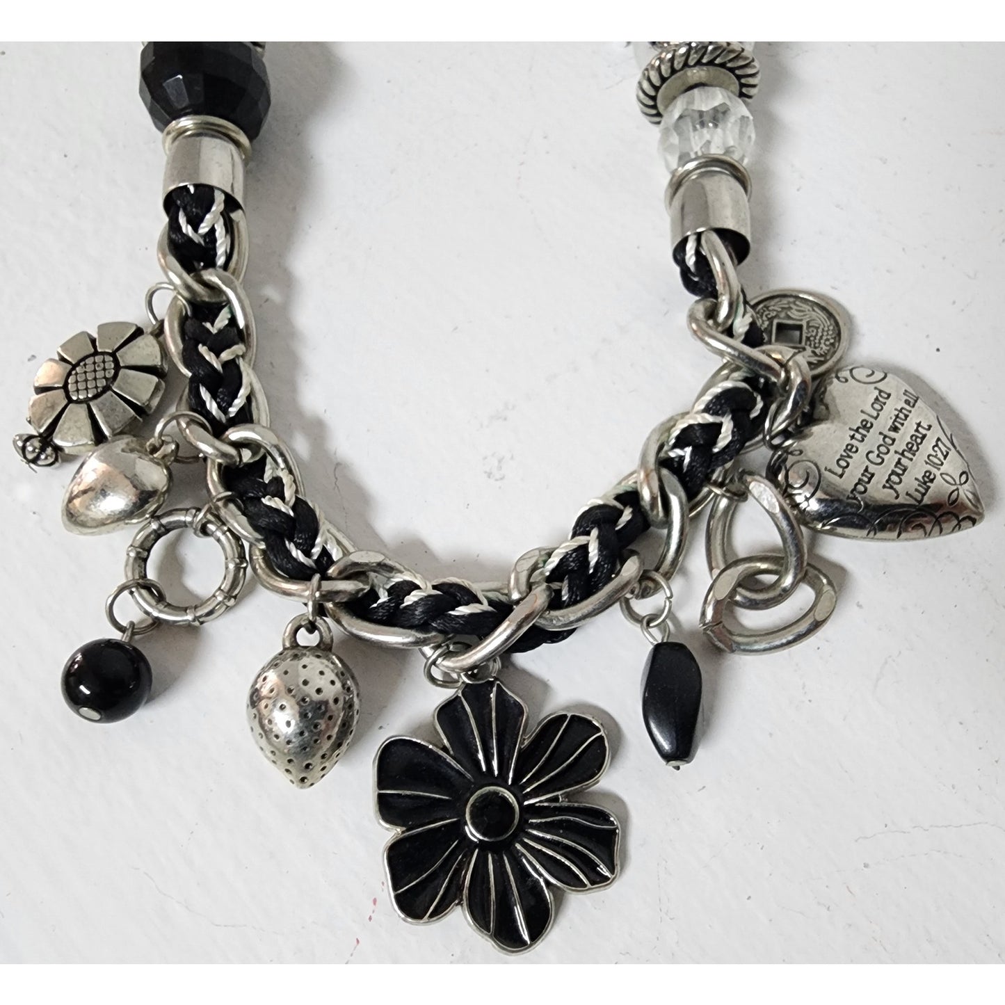 Vintage Charm Necklace w/ Heart Amulet Luke 10:27 & Cross – Unique Design