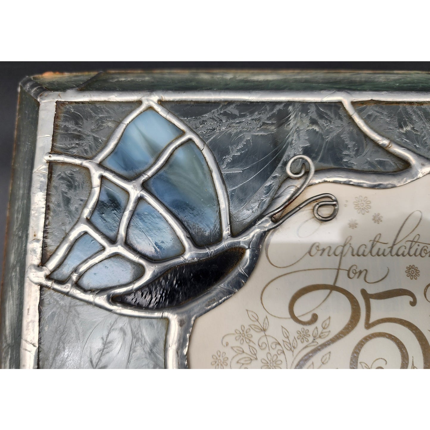 Stained Glass 25th Anniversary Keepsake Box Green Leaves Butterfly 10.75" Heavy
