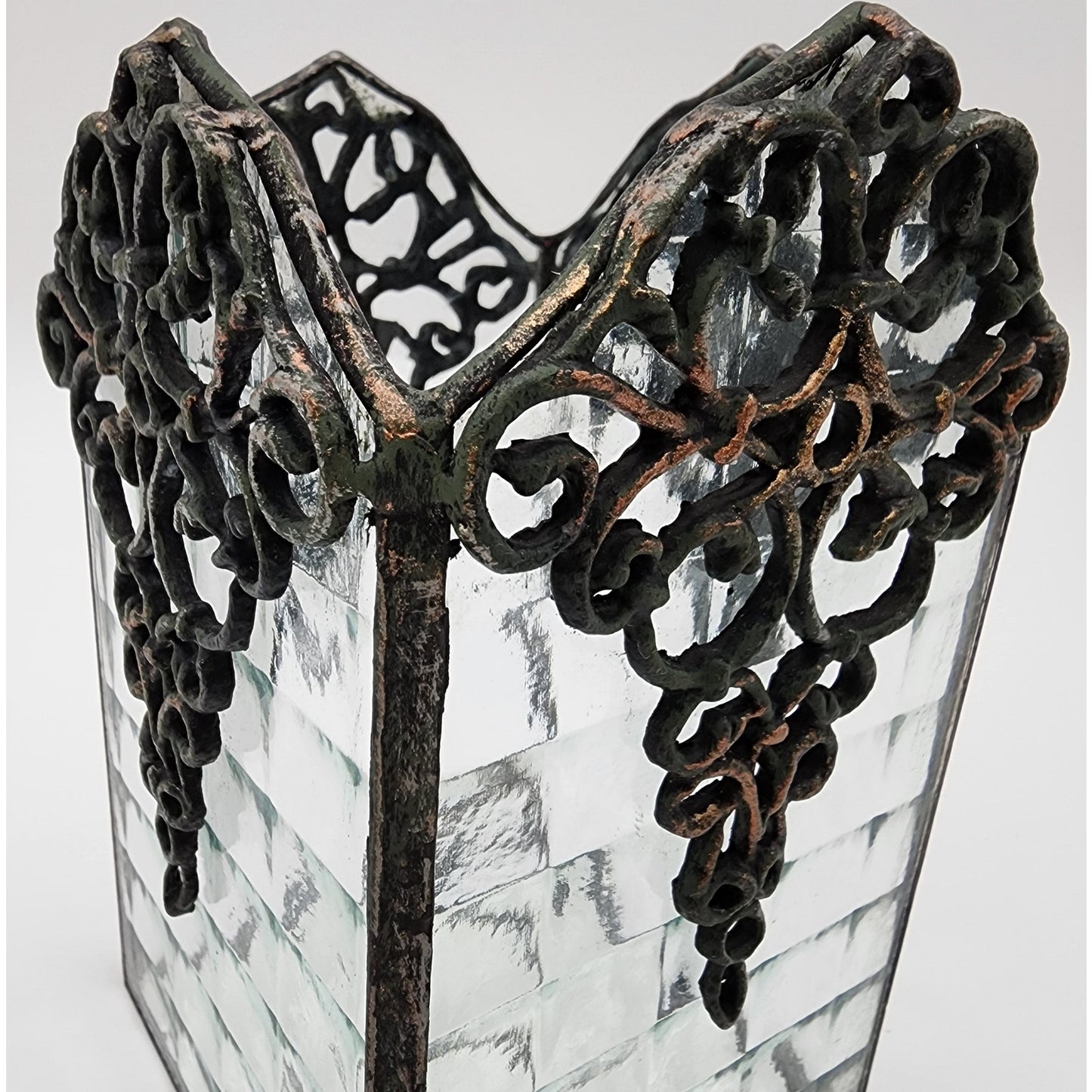 Vintage Brass & Textured Glass Votive Candle Holder w/ Mirrored Base – 6.5" Tall