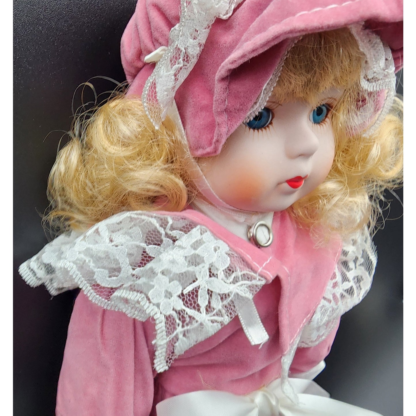Vintage 16" Porcelain Doll “Tracy” TH‑64 Pink Velvet Dress w/ Bonnet & Box