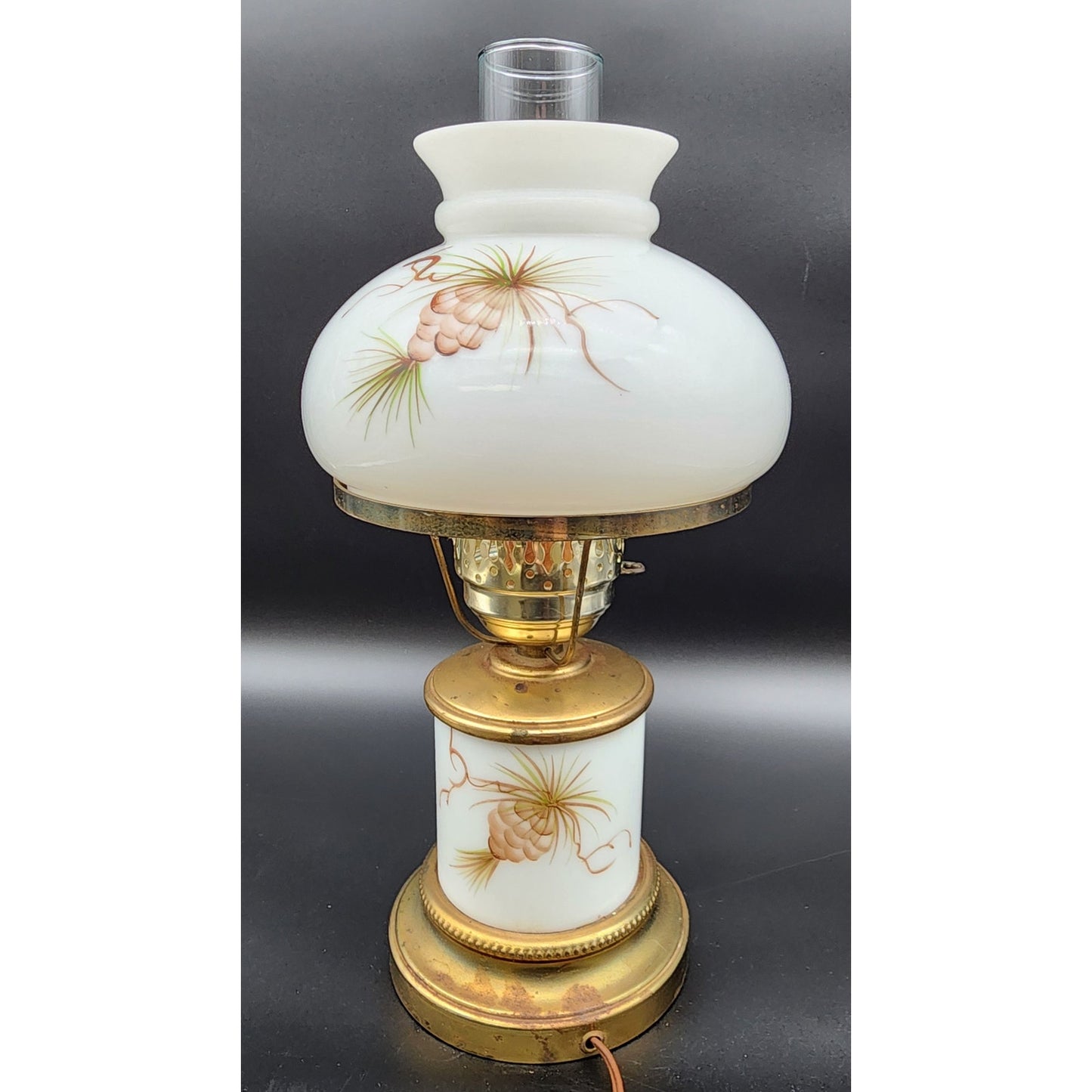 Vintage Brass Table Lamp w/ Hand‑Painted Pinecone Milk Glass Shade, 16.5"  Tall