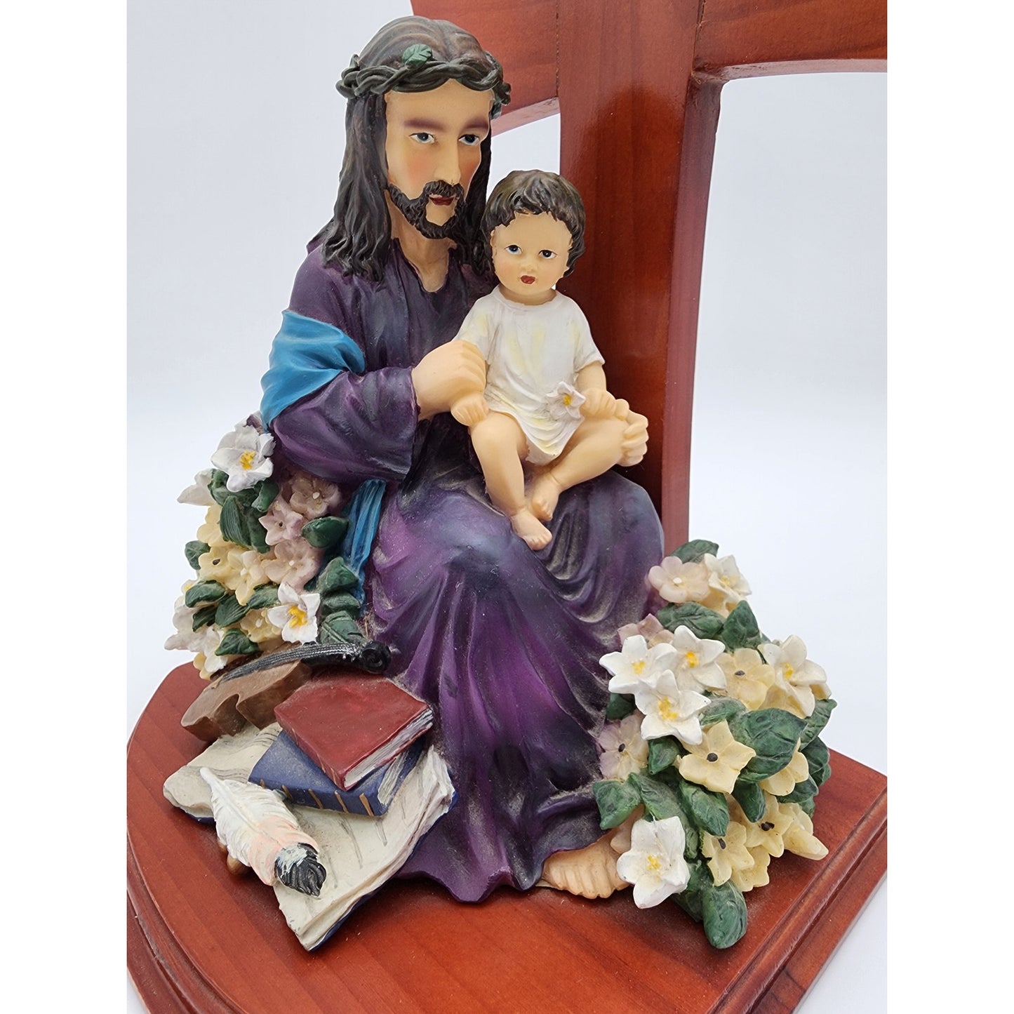 Jesus & Child Figurine w/ Cross, Violin, Books – 12.25" Hand Painted Wood Base