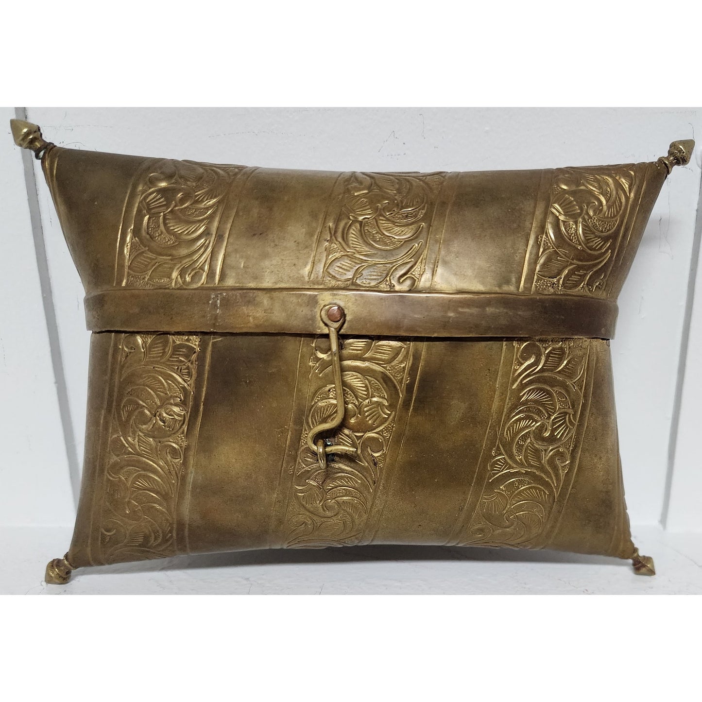 Vintage Brass Pillow Purse w/ Engraved Panels & Purple Velvet Lining