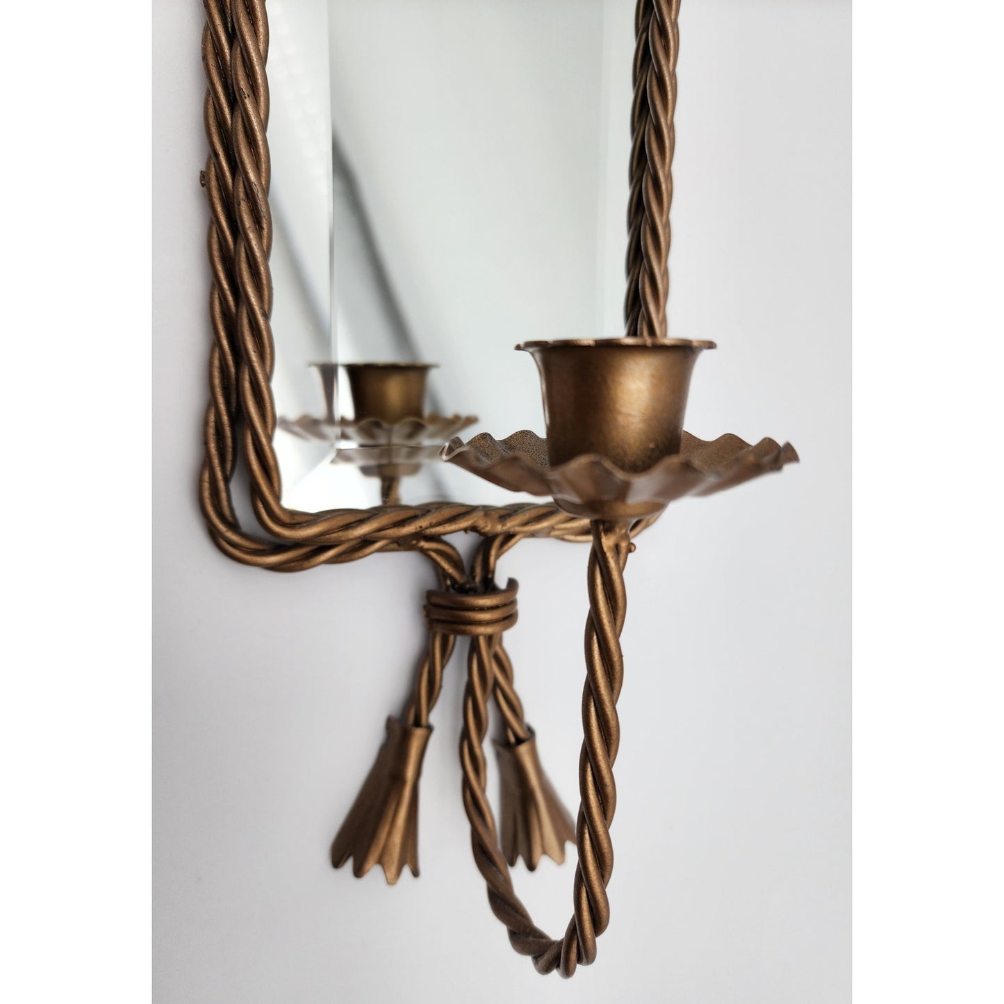 Antique Gold Wall Mirror Candle Holder – Etched Glass Hurricane w/ Purple Candle