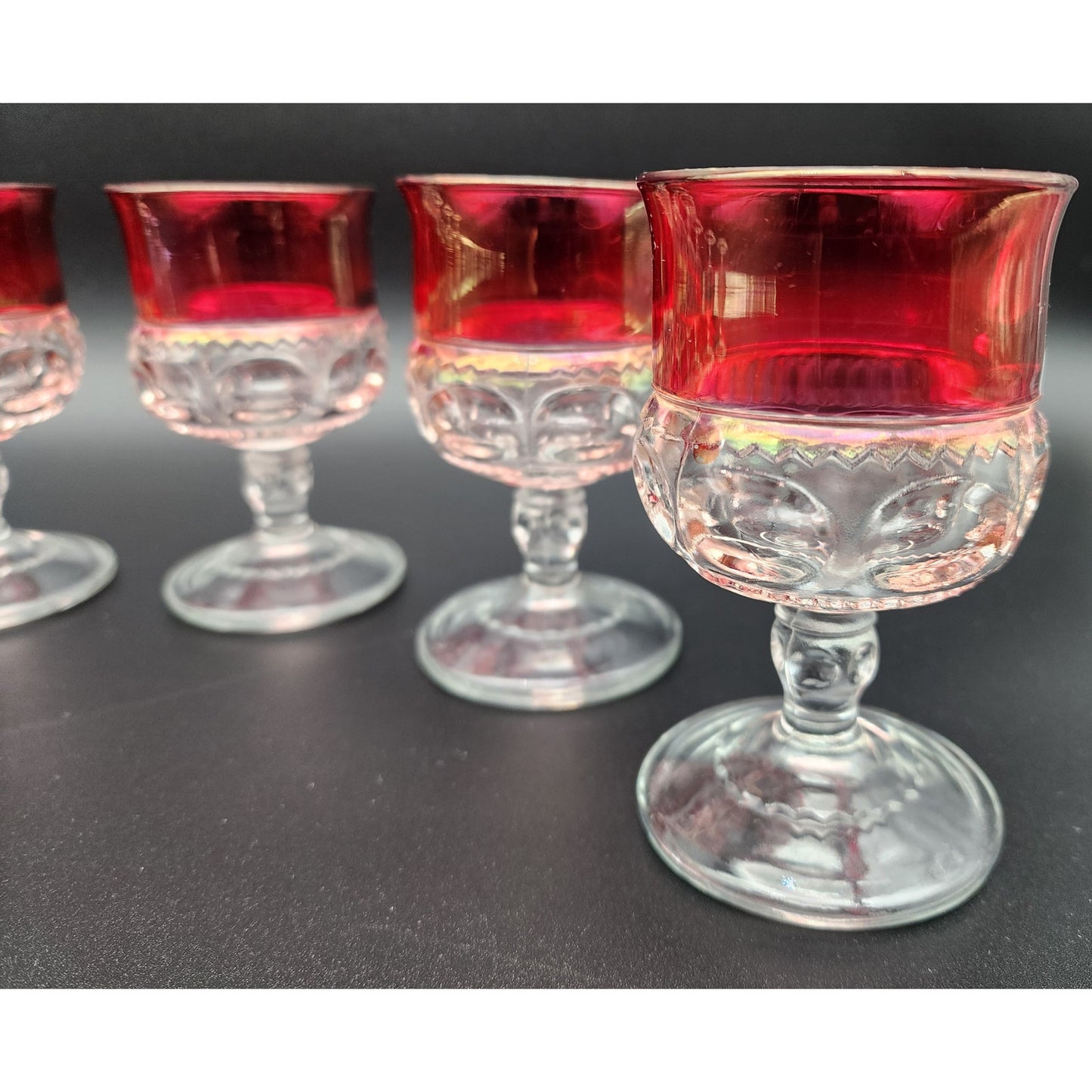8 Kings Crown Thumbprint Ruby Flash Goblets 4.3" Vintage Glass Set