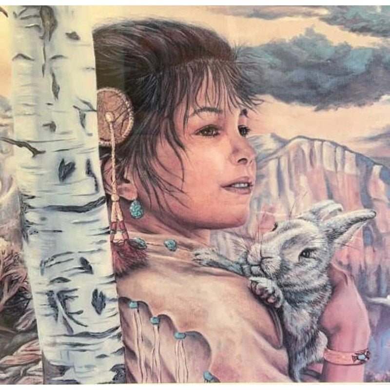 Vintage Jonnie’ Ko Kostoff Signed Serigraph Native American Girl w/ Rabbit 1990