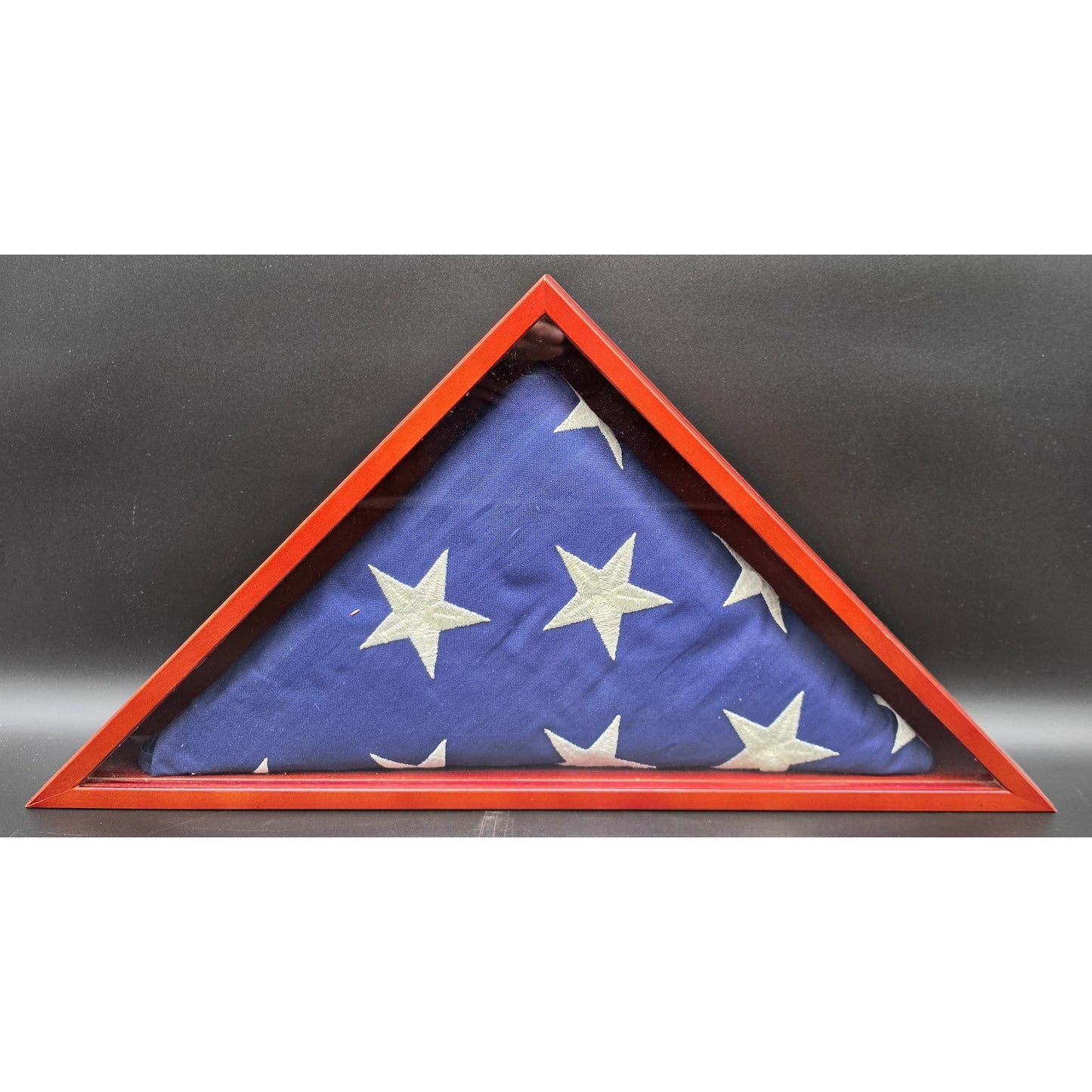 Vintage US Veteran Burial Flag in Solid Wood Triangular Display Case