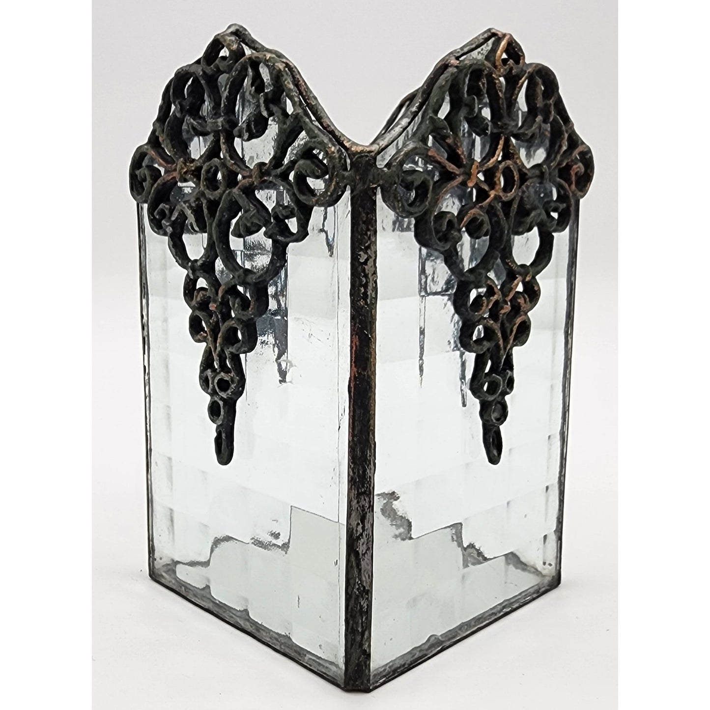 Vintage Brass & Textured Glass Votive Candle Holder w/ Mirrored Base – 6.5" Tall
