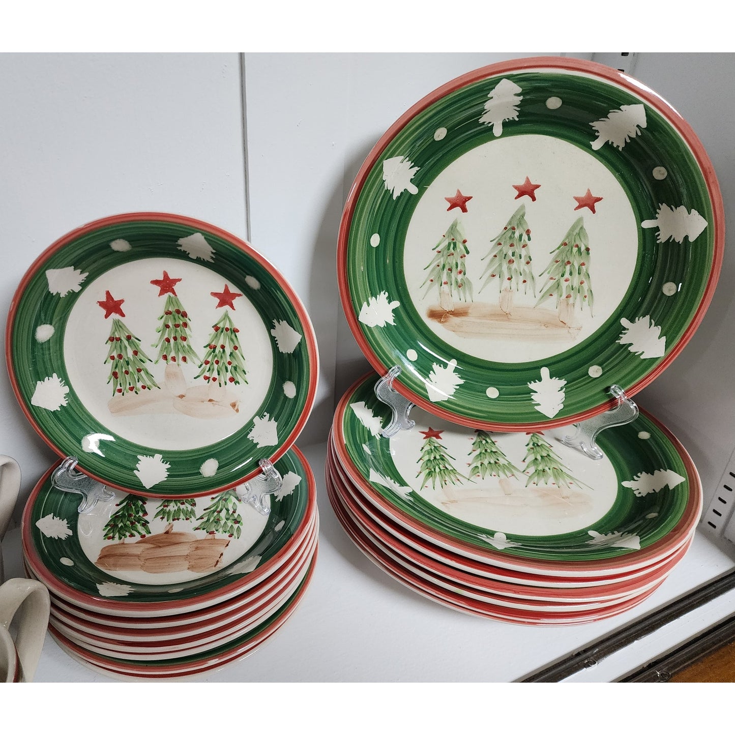 VTG Chinese Stoneware Christmas Dinnerware Set Hand Painted Trees 24 Pc - Rare