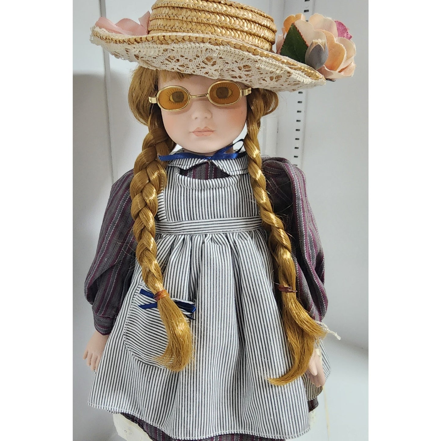 Vintage 1990s Tender Hearts Treasures “Laura” Porcelain Doll w/ Straw Hat & Glasses