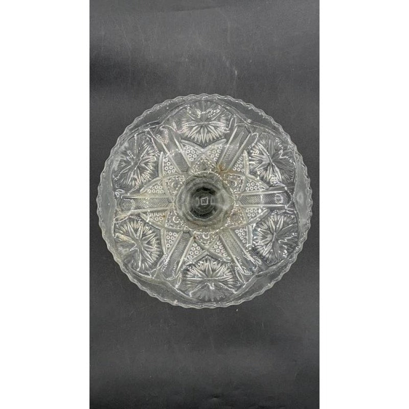 VTG Pressed Glass Pedestal Cake Stand 8.25" Scalloped Edge Starburst Design