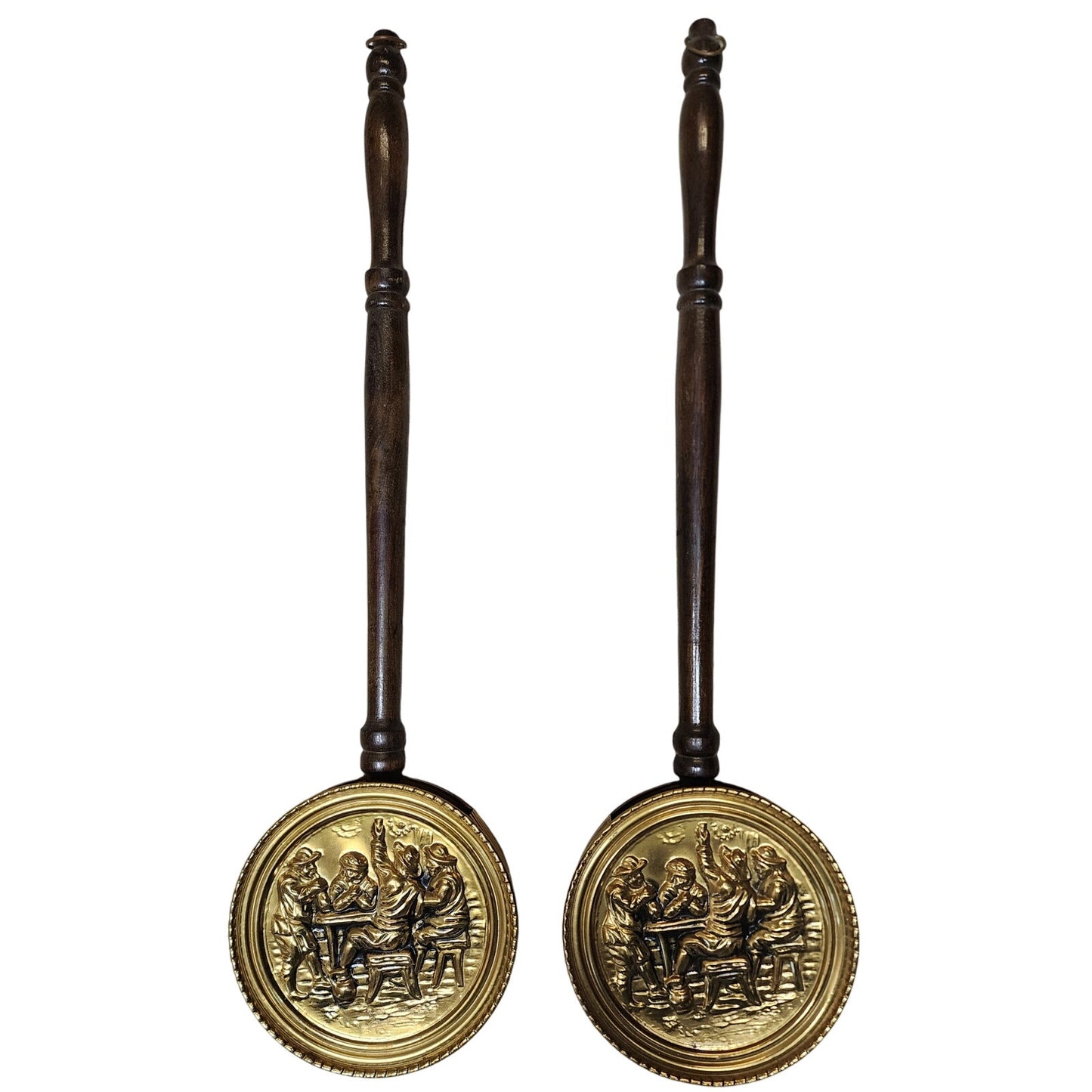 Vtg Pair British Brass Bed Warmers w/ Wooden Handles Pub Bar Scene - England