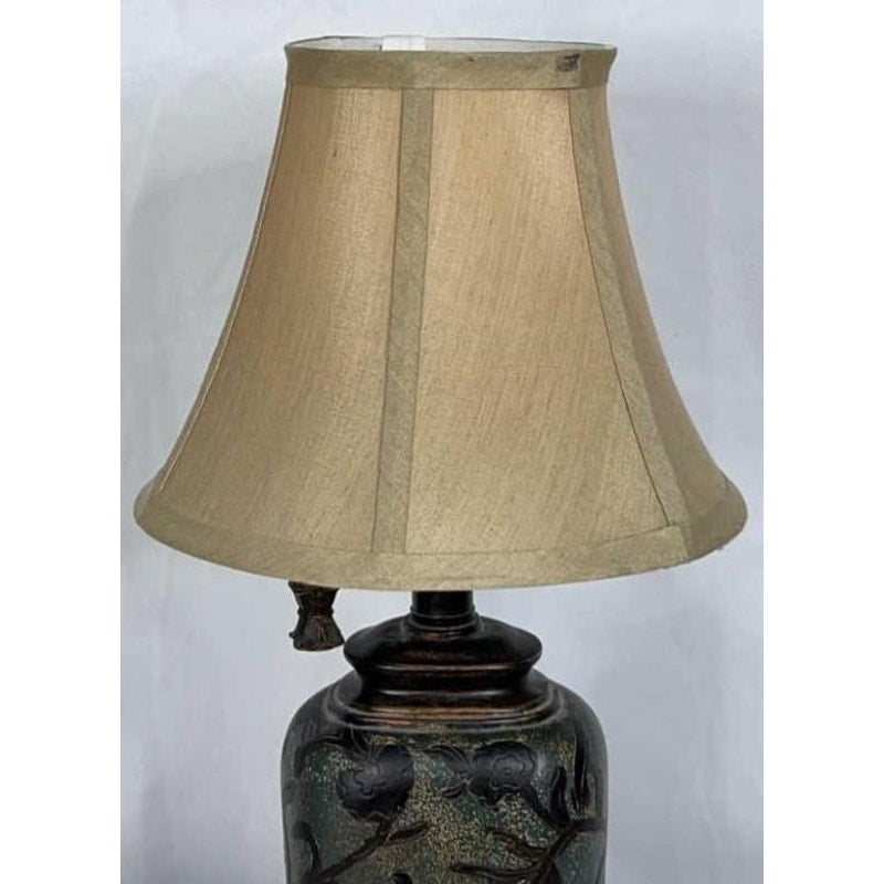 Vintage Ceramic Table Lamp Etched Floral w/ Shade & Ornate Pull Chain 18"