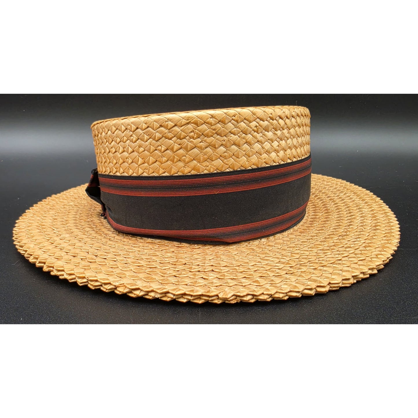 Vintage Dobbs Fifth Ave Tan Straw Boater Hat w/ Black & Red Ribbon 6oz - Nice