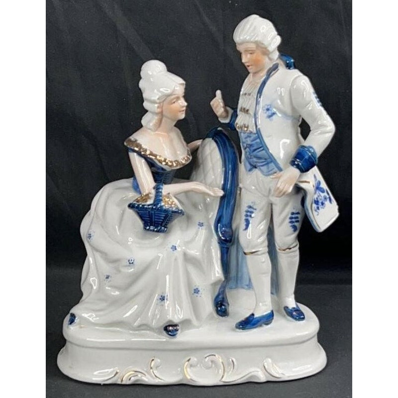 Victorian Style Blue White Porcelain Figurine Couple, Gold Accents, Hand Painted
