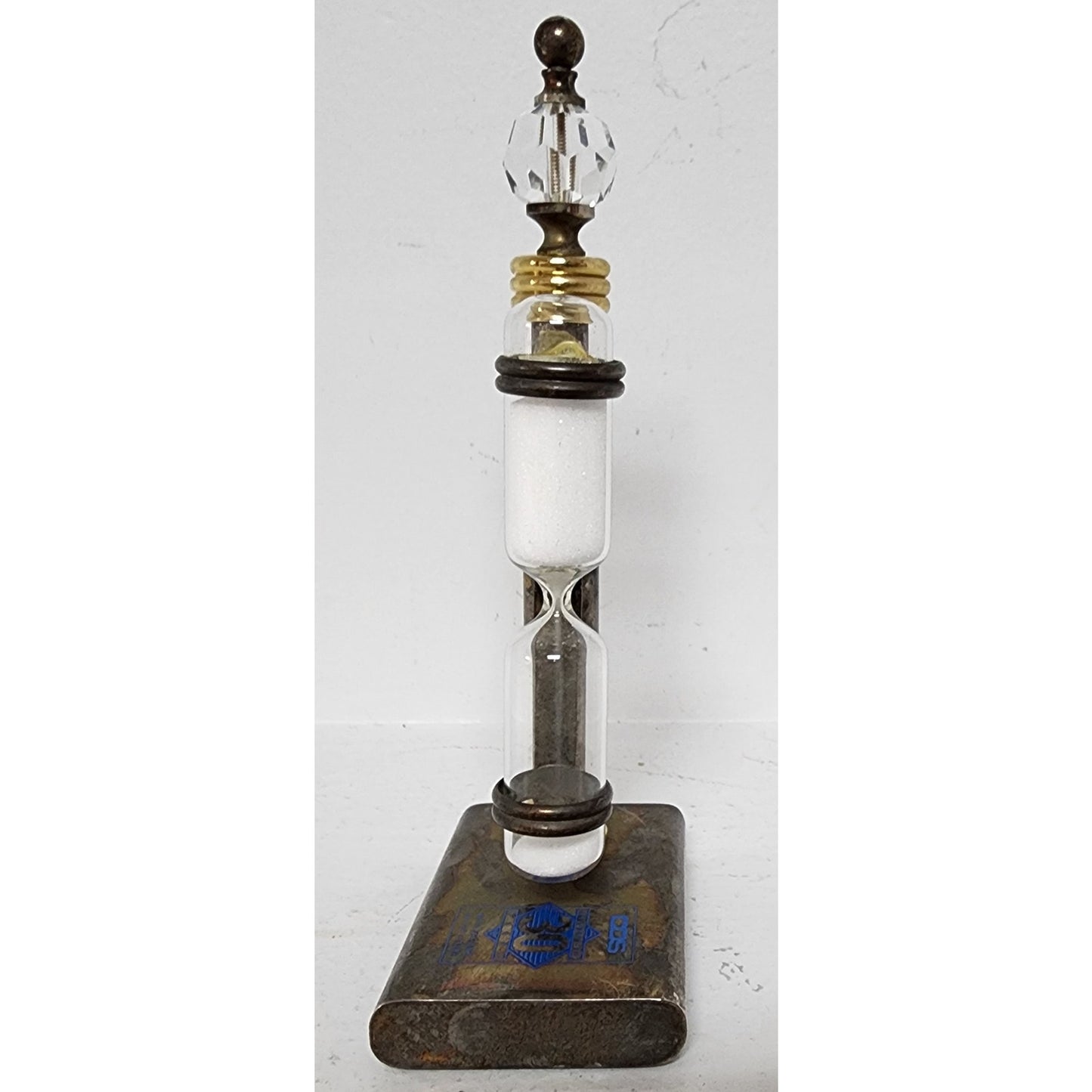 Vintage Brass Hourglass Timer on Stand – 3‑Min Promo Piece, Crystal Finial
