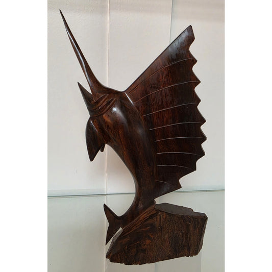 Vintage Hand‑Carved Mahogany Swordfish Statue 8.5" Elegant Wood Art - Beautiful