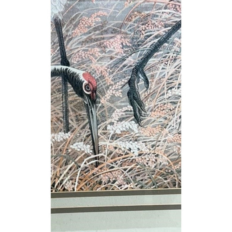 Vintage Japanese Crane Artwork Framed & Matted 33x39" Rice Field Scene