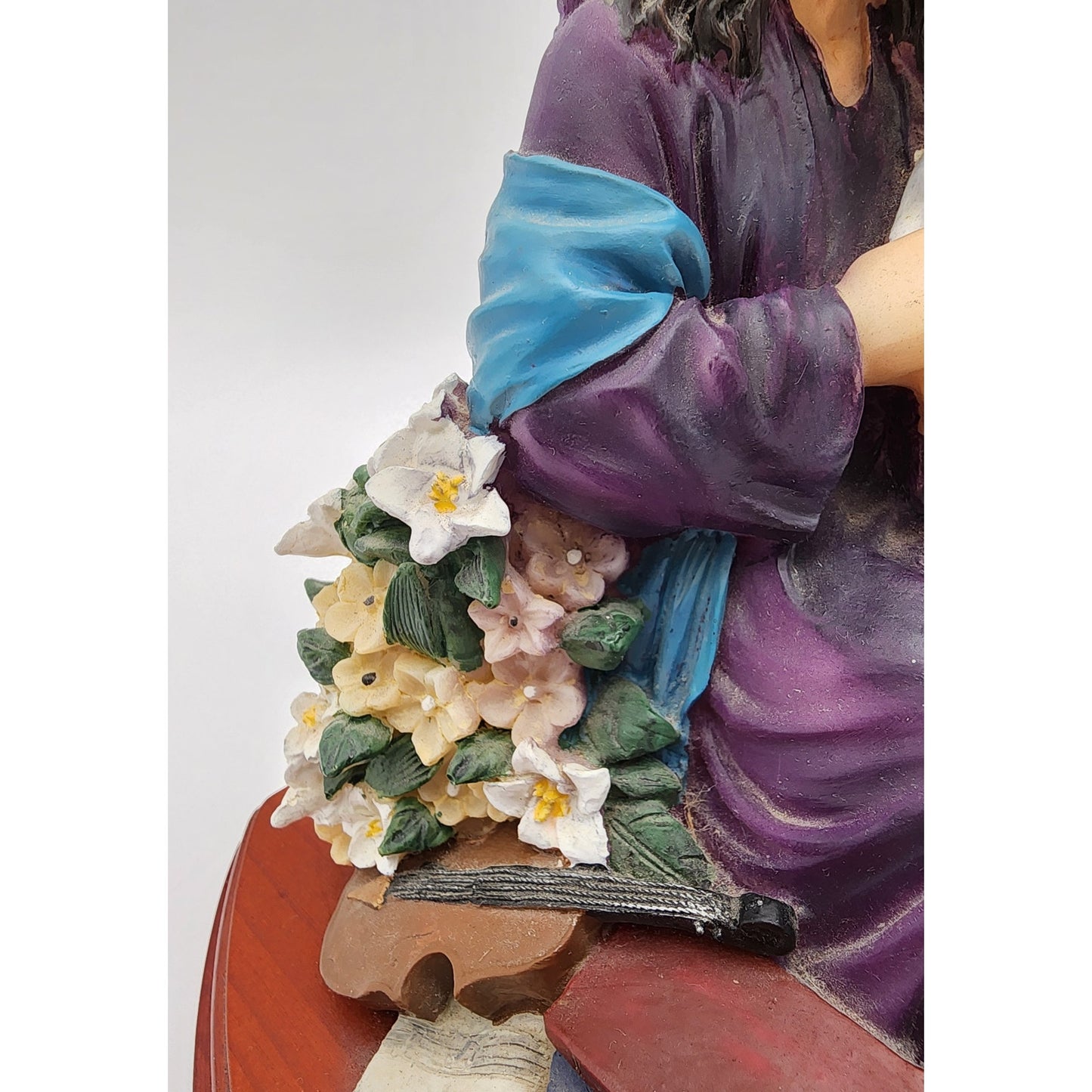 Jesus & Child Figurine w/ Cross, Violin, Books – 12.25" Hand Painted Wood Base
