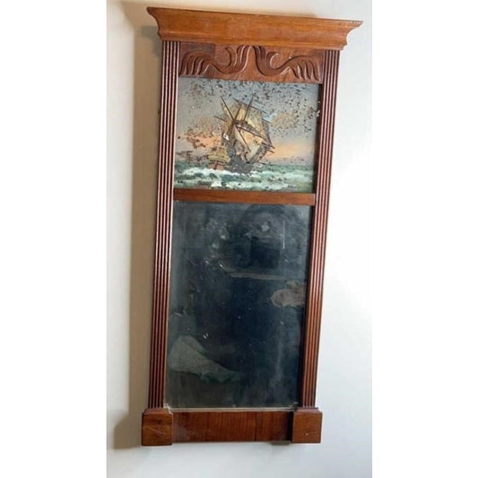 Antique Federal Mahogany Tabernacle Mirror w/ Mayflower Reverse Glass Painting