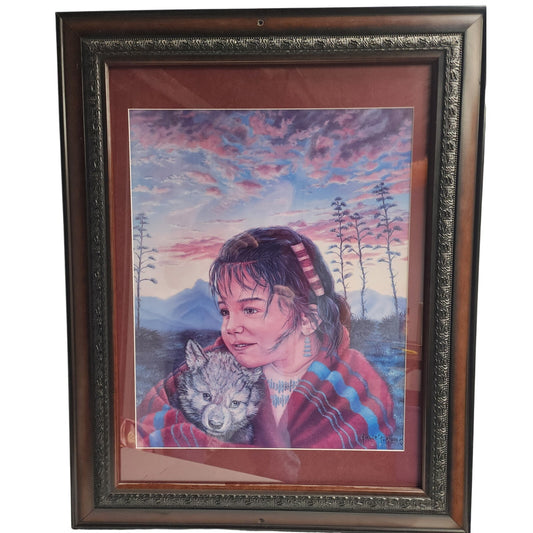 VTG Jonnie’ Ko Kostoff Signed Serigraph Native American Girl w/ Wolf Pup 1990