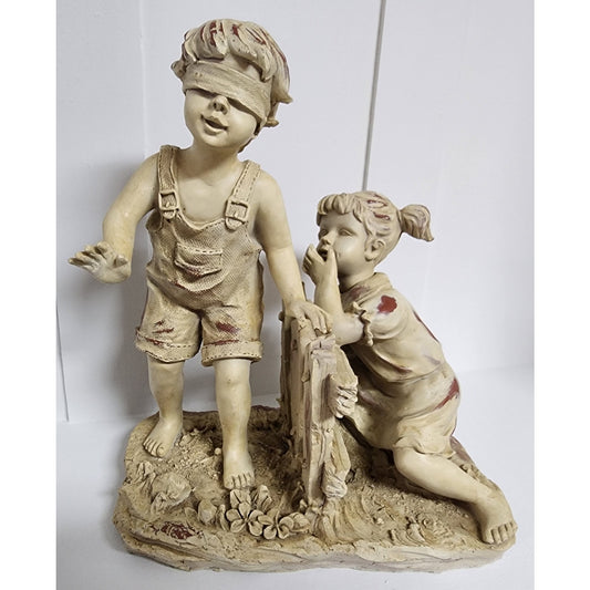 Vintage Hydro Stone Yard Statue Boy & Girl 12.75” Heavy Detailed Garden Decor