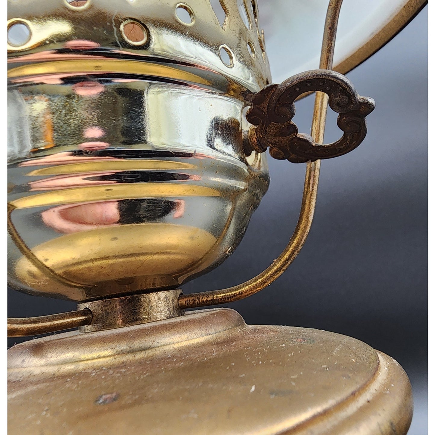 Vintage Brass Table Lamp w/ Hand‑Painted Pinecone Milk Glass Shade, 16.5"  Tall