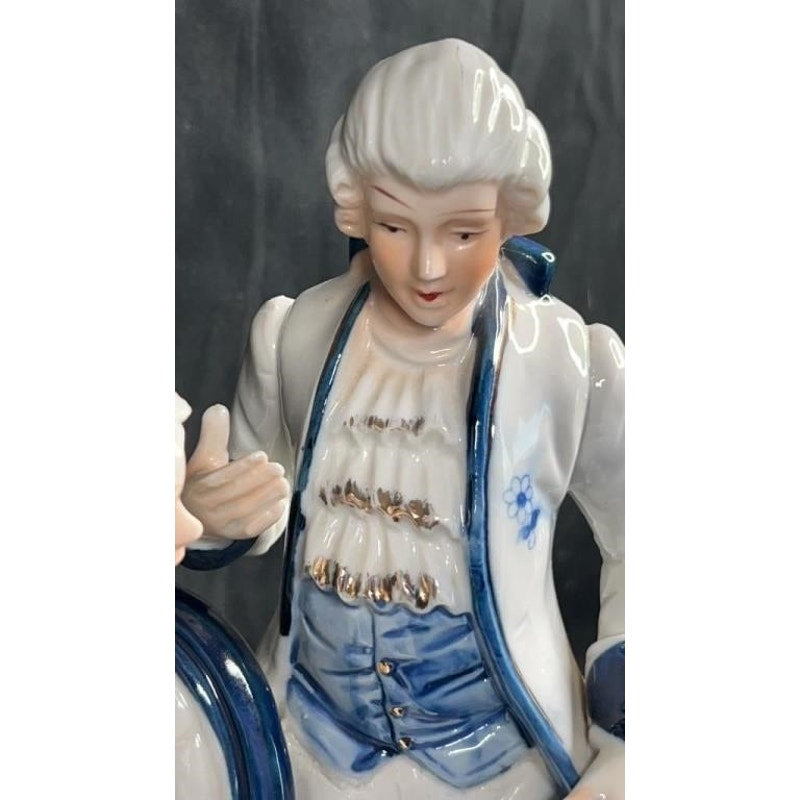Victorian Style Blue White Porcelain Figurine Couple, Gold Accents, Hand Painted