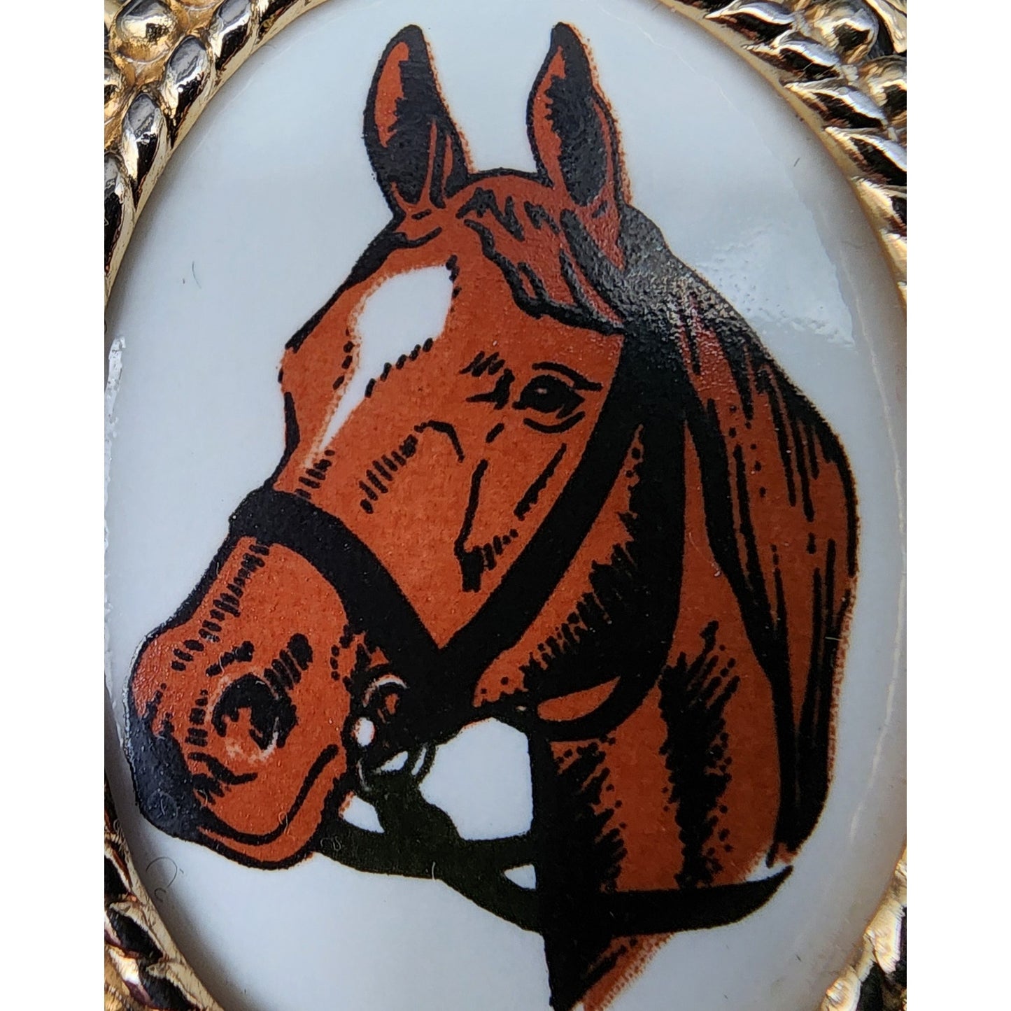Vintage Brass Horse Head Belt Buckle with Porcelain Cameo 3.25" Western
