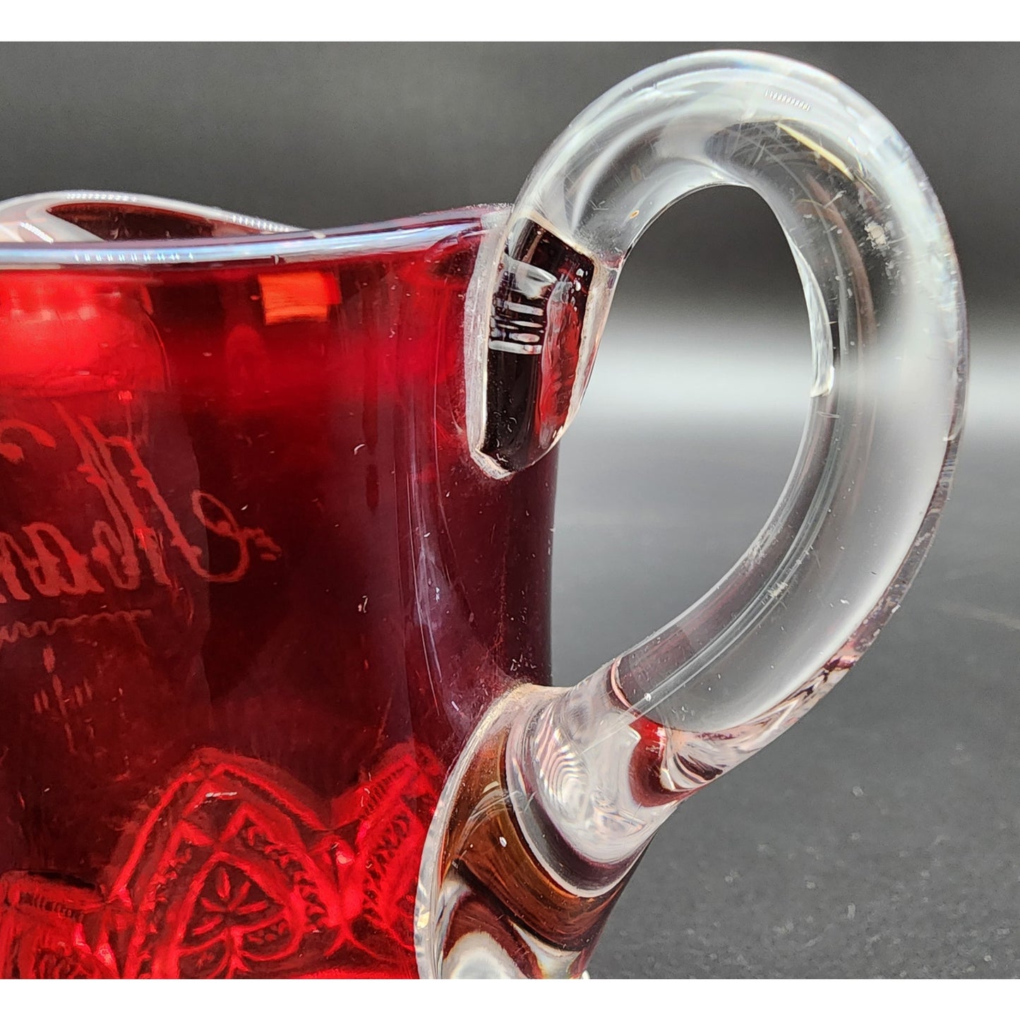 1903 Ruby Stained Cut Glass Pitcher Souvenir Etched Name 4.25” Antique