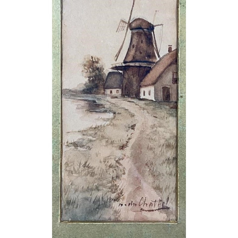 Antique F.J. Du Chattel Dutch Windmill Watercolor, Signed, Ornate Gold Frame