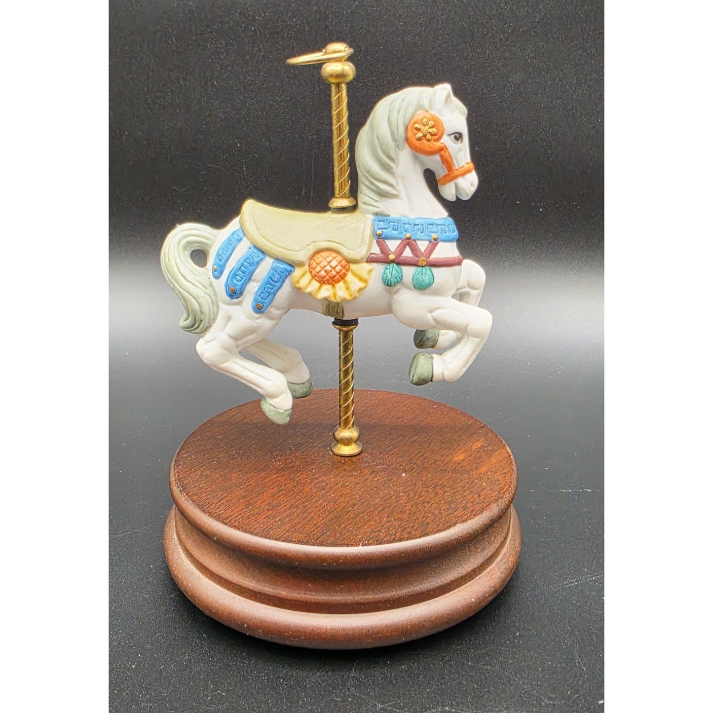 Vintage Taiwan Carousel Horse Music Box – Hand Painted Porcelain on Walnut Base