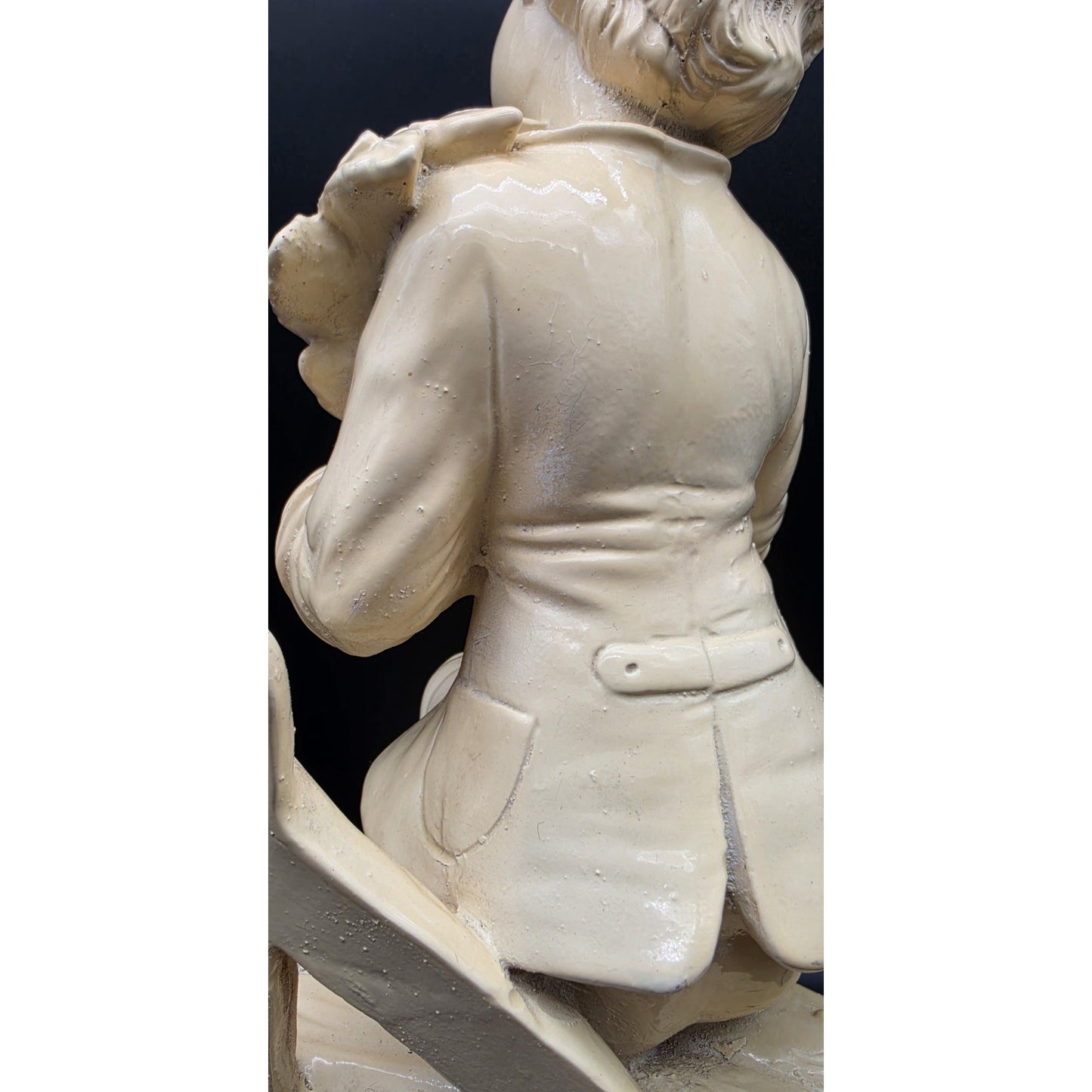 Vintage Pale Yellow Alabaster Boy Sculpture on Rustic Bench 18.5" 11 lbs
